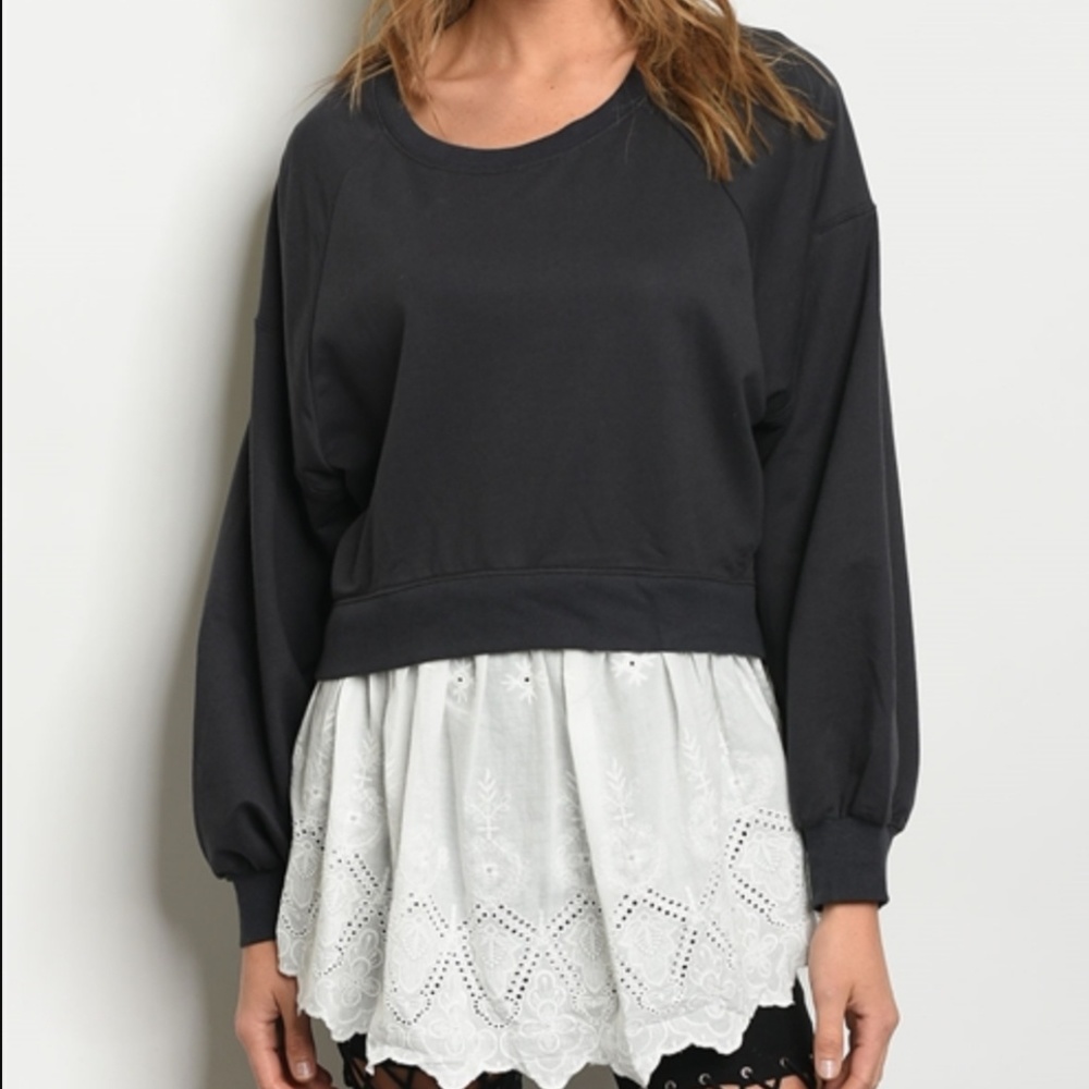 NINETY NINE Sweatshirt Layered Look Long Sleeve Black White Eyelet Trim Sm NWT